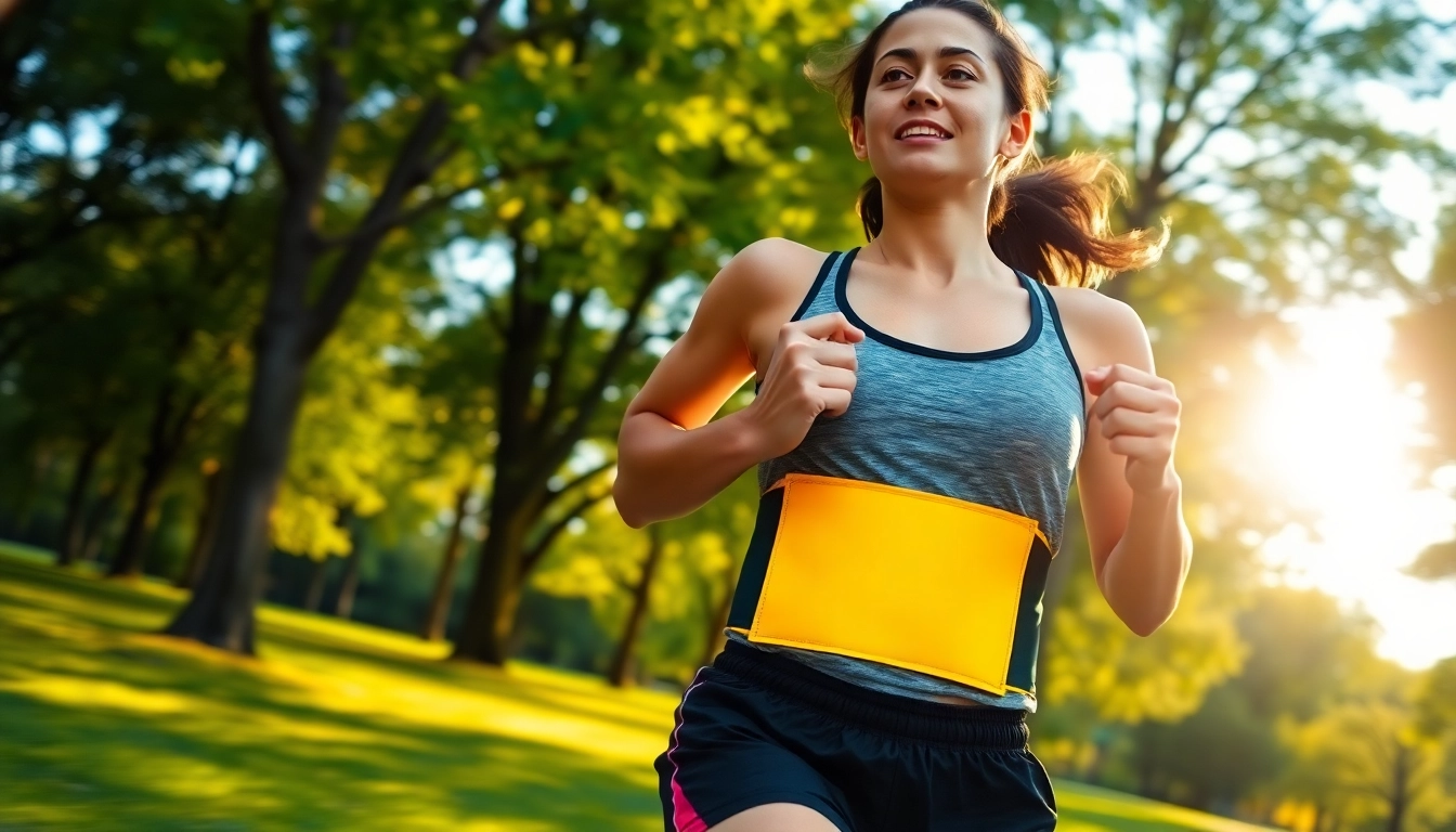 Runner in a bright running belt navigating a scenic park, showcasing functionality and style.
