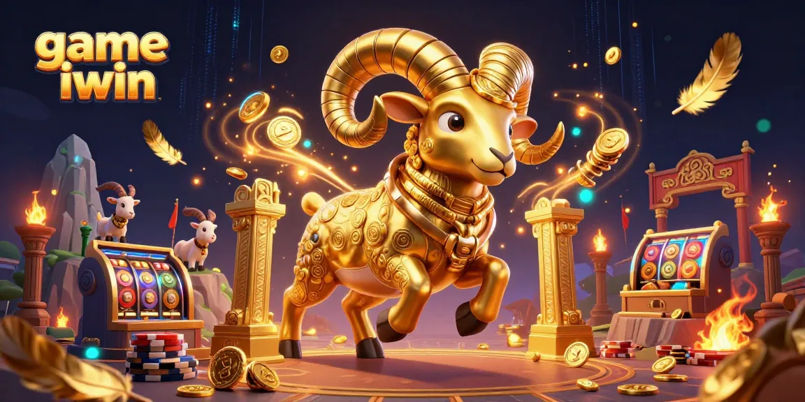 Experience game iwin with a vibrant 3D scene featuring a golden ram charging through a dazzling casino.