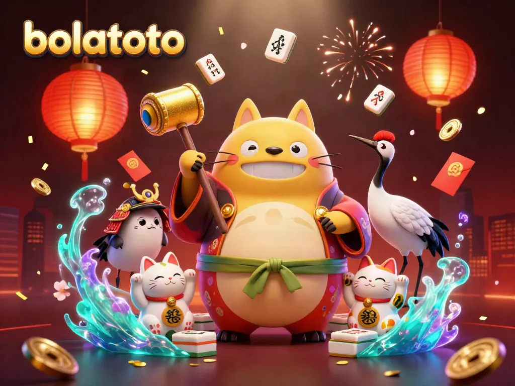 Celebrate with bolatoto at a vibrant festival scene, featuring lucky tanuki, samurai crane, and lively fortune cats amidst dazzling casino elements.