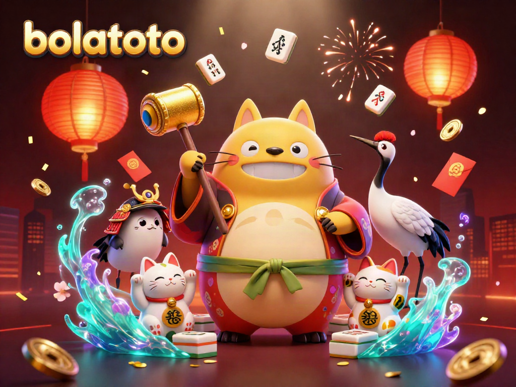 Celebrate with bolatoto at a vibrant festival scene, featuring lucky tanuki, samurai crane, and lively fortune cats amidst dazzling casino elements.