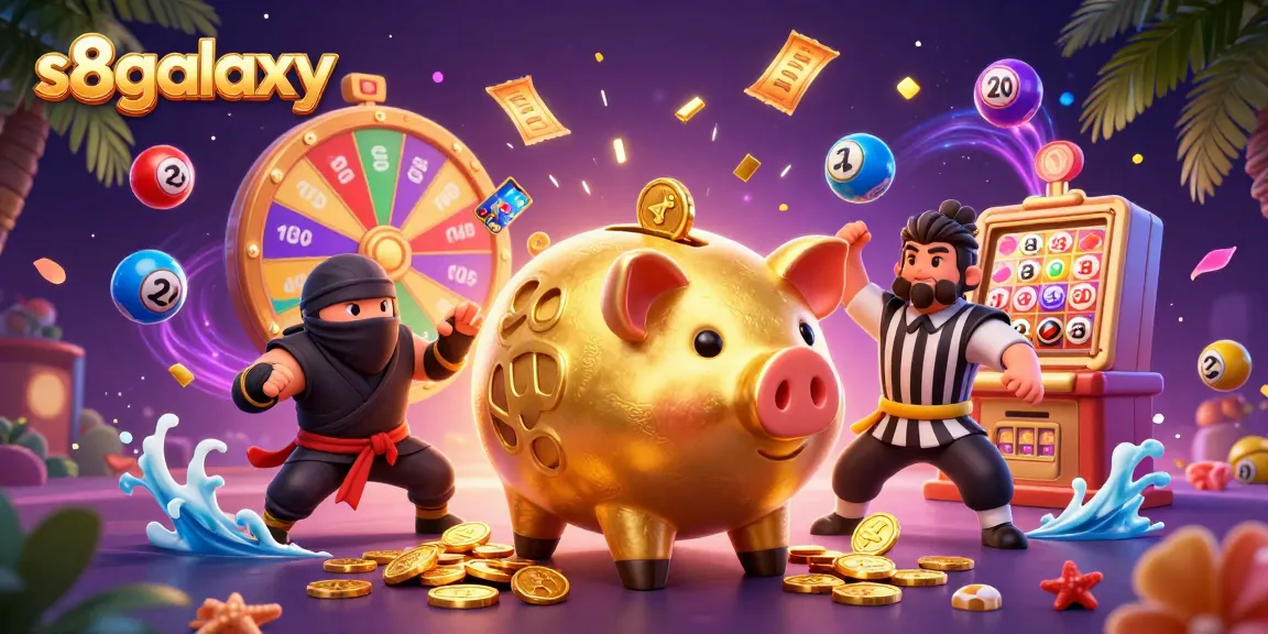 S8galaxy's vibrant illustration features a golden piggy bank sumo wrestler surrounded by colorful lottery elements, showcasing dynamic casino fun.