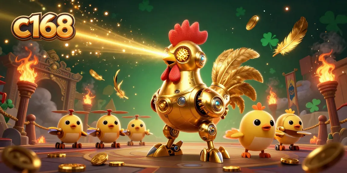 Experience the excitement of c168 with a futuristic golden rooster robot and baby chick drones in a dynamic casino scene.