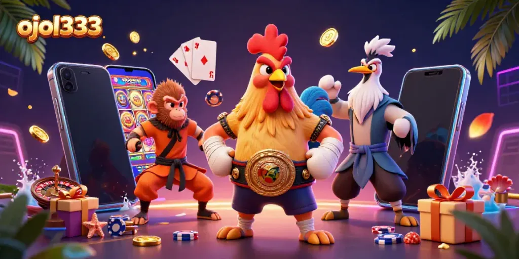 Experience dynamic gaming with ojol333, featuring vibrant characters and casino elements in an engaging scene.