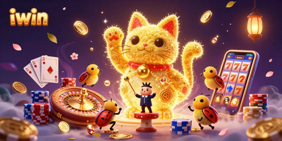 Engage with iwin's vibrant casino atmosphere featuring a lucky cat made of fireflies.