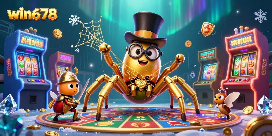 Engage in thrilling gameplay at win678, featuring a golden tarantula and vibrant casino elements.