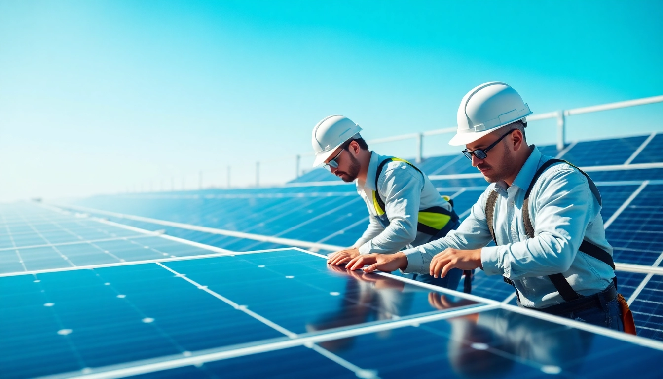 Technicians conducting commercial solar maintenance New Jersey with solar panels in a bright setting.