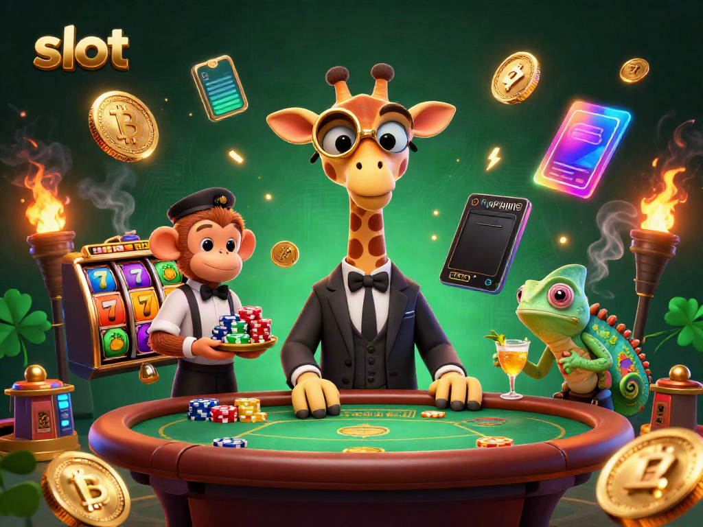 Mencoba slot yang beruntung dengan seekor jerapah berkelas di kasino.