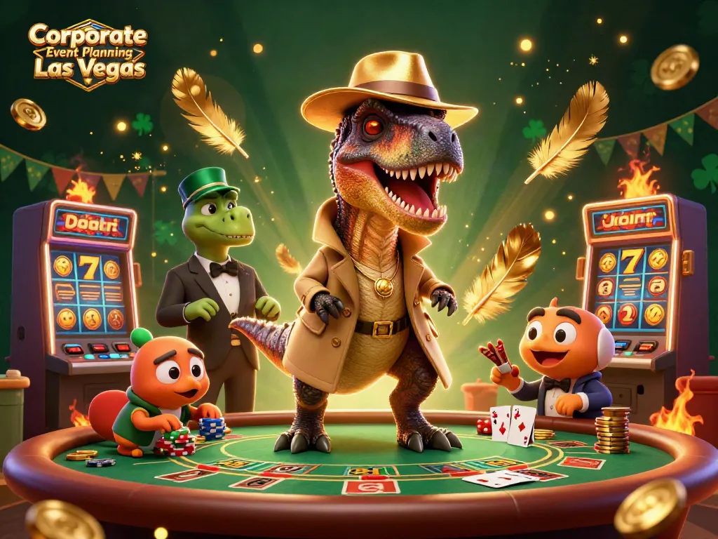 Engaging scene showcasing Corporate Event Planning Las Vegas with cartoon dinosaurs playing blackjack amidst vibrant casino elements.