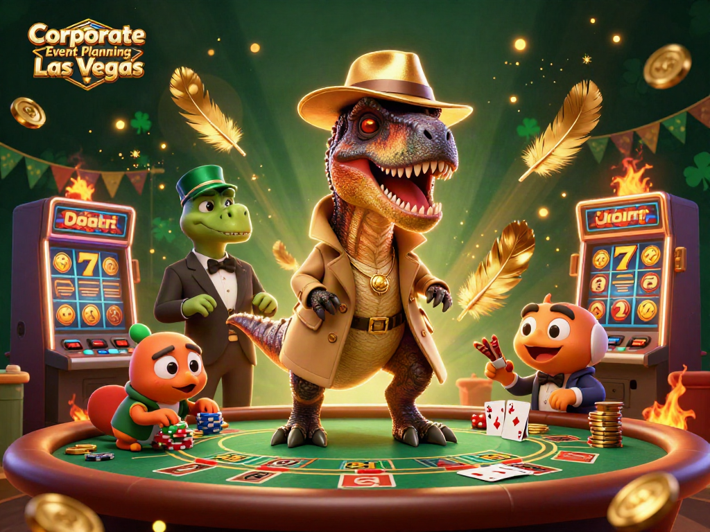 Engaging scene showcasing Corporate Event Planning Las Vegas with cartoon dinosaurs playing blackjack amidst vibrant casino elements.