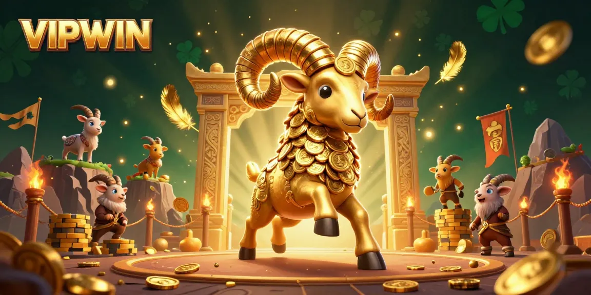 Experience VIPWIN with a dynamic scene featuring a golden ram amidst vibrant casino elements.