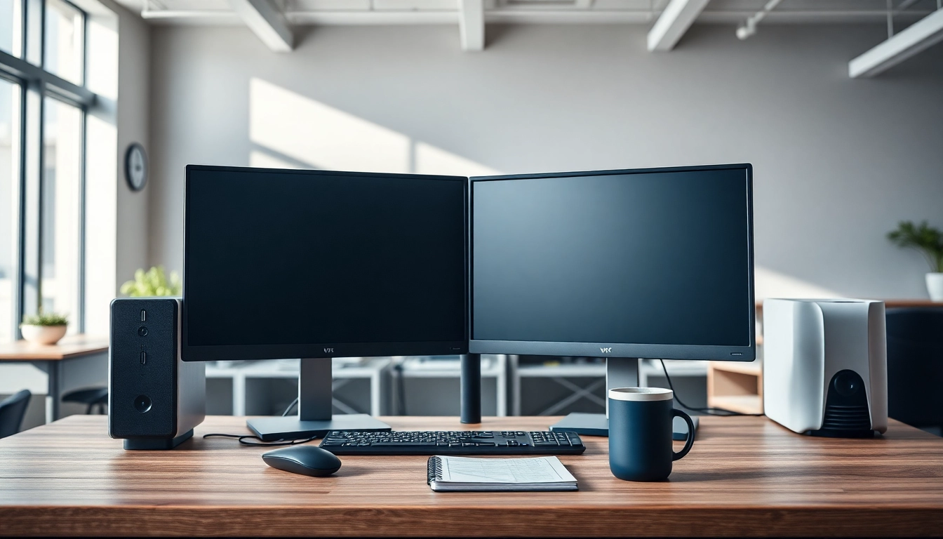Ανακαινισμένος υπολογιστής PC σε επαγγελματικό περιβάλλον γραφείου με μοντέρνα αξεσουάρ.