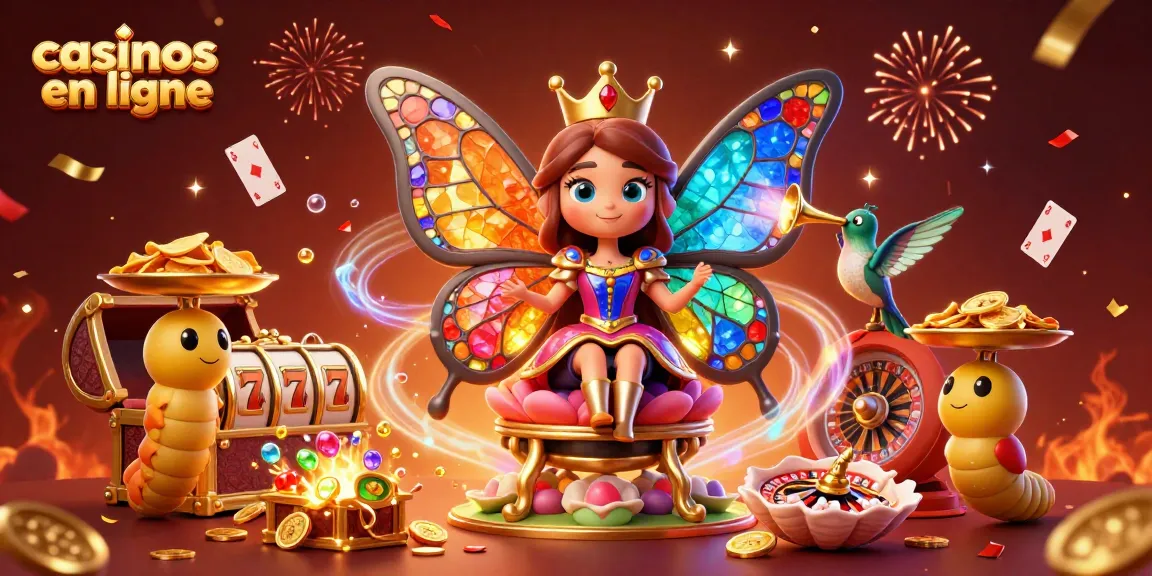 Jouez aux casinos en ligne avec une reine papillon et des éléments de jeux de casino colorés.