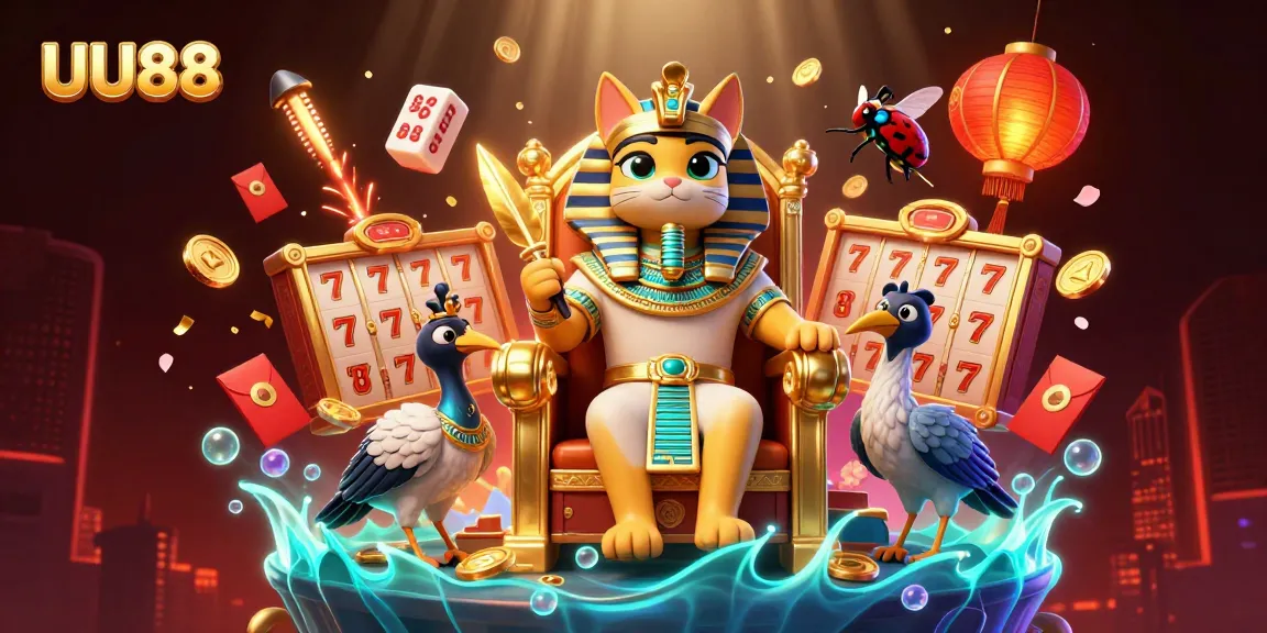 Spin the reels and celebrate at UU88 with vibrant slot-themed 3D illustration.