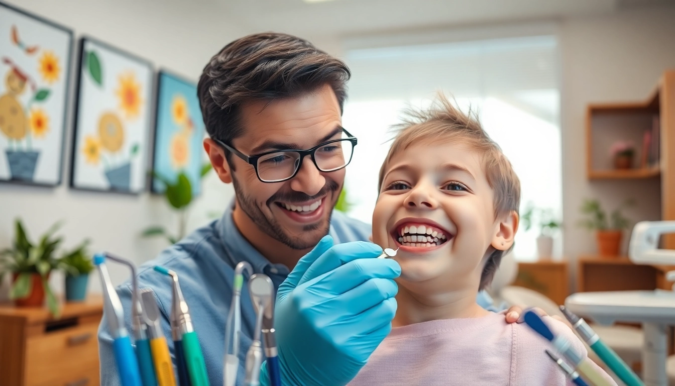 Orthodontic near me: a skilled orthodontist assisting a child in a welcoming dental clinic.