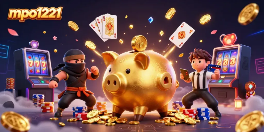 Experience the fun with mpo1221 through a vibrant, 3D casino scene featuring dynamic characters and elements