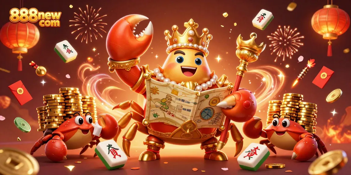 Win big at 888new com with a vibrant 3D scene of a golden crab emperor and treasures.