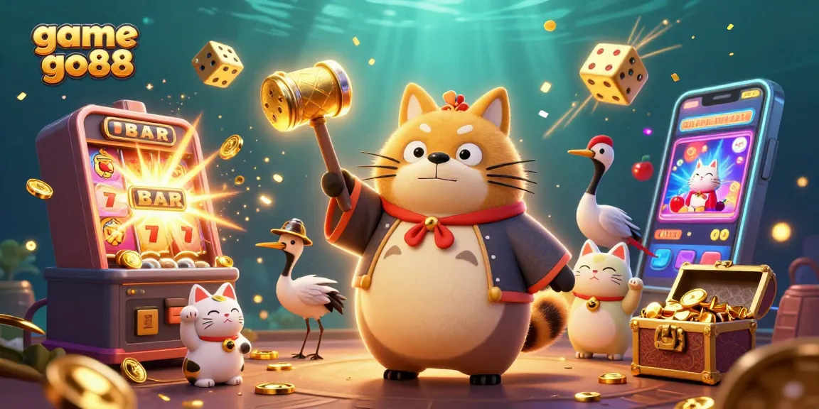 Spin the reels with game go88 featuring cheerful tanuki and lucky elements in a vibrant casino scene.