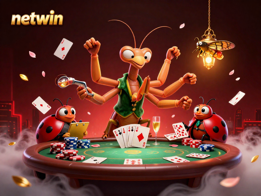 Engage with the vibrant netwin casino scene featuring a giant praying mantis and ladybug pit boss in action.