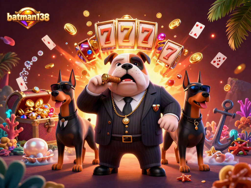 Experience thrilling moments with batman138 in a vibrant casino scene featuring slot reels and a mafia bulldog.