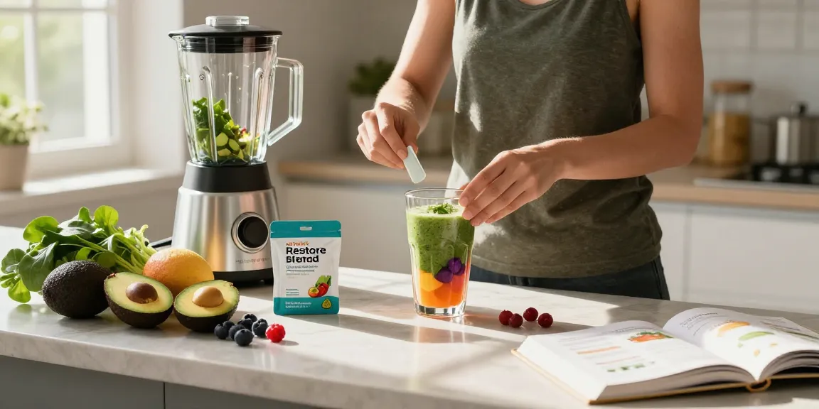 BPC 157 Benefits illustrated in a vibrant kitchen scene with smoothie preparation, highlighting health and wellness.