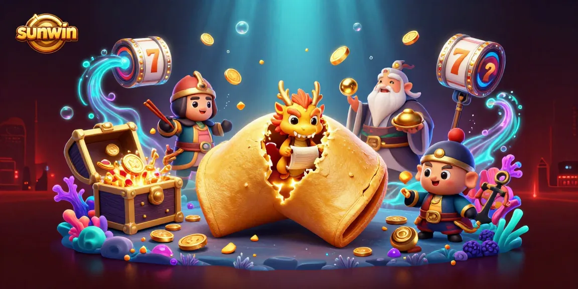 Sunwin ignites excitement with a vibrant 3D illustration showcasing fortune cookie characters and slot elements.