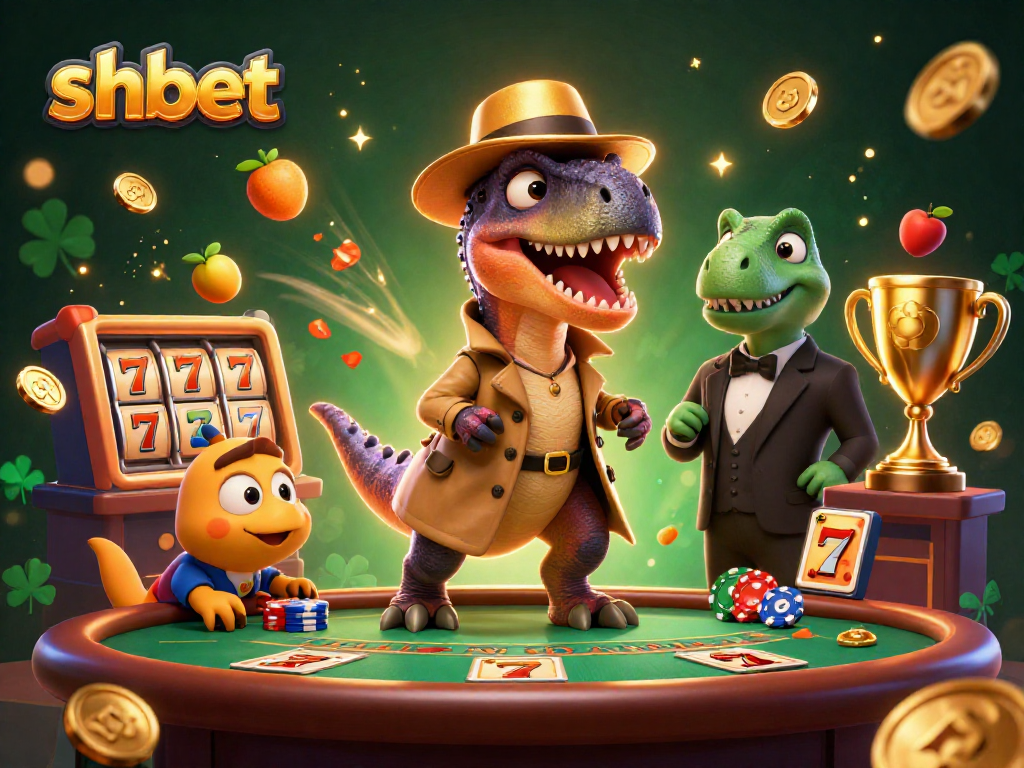 Experience thrilling shbet action with a velociraptor card counter at a vibrant casino scene.