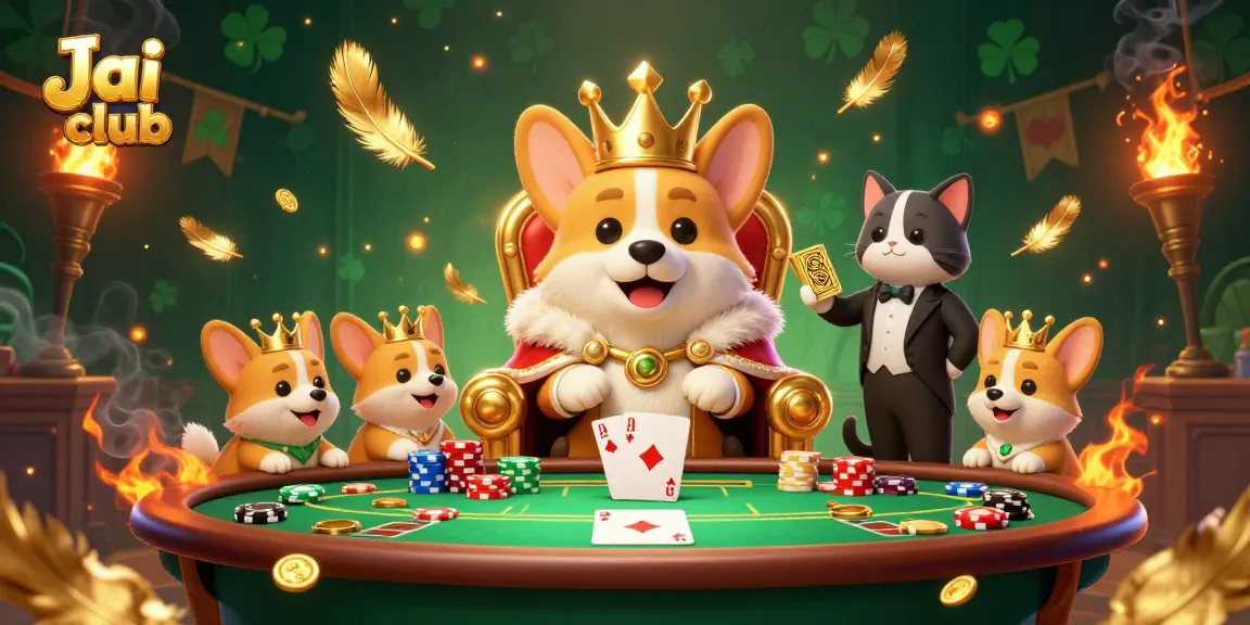 Experience thrilling poker action with Jai club's royal corgi and dazzling casino elements.