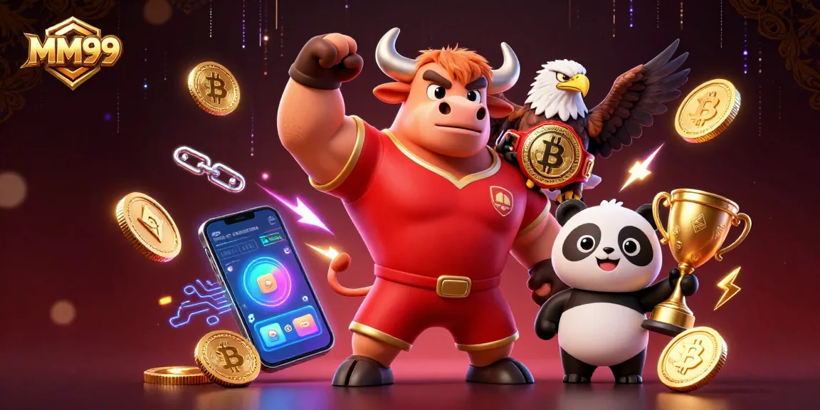 Engage with MM99's vibrant gaming universe featuring a triumphant bull, eagle, and panda amidst exciting crypto elements.