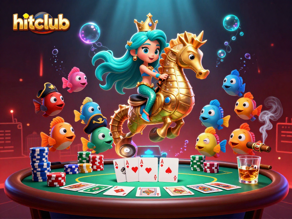 Hitclub invites players to dive into dynamic poker action with vibrant 3D characters in an underwater scene.