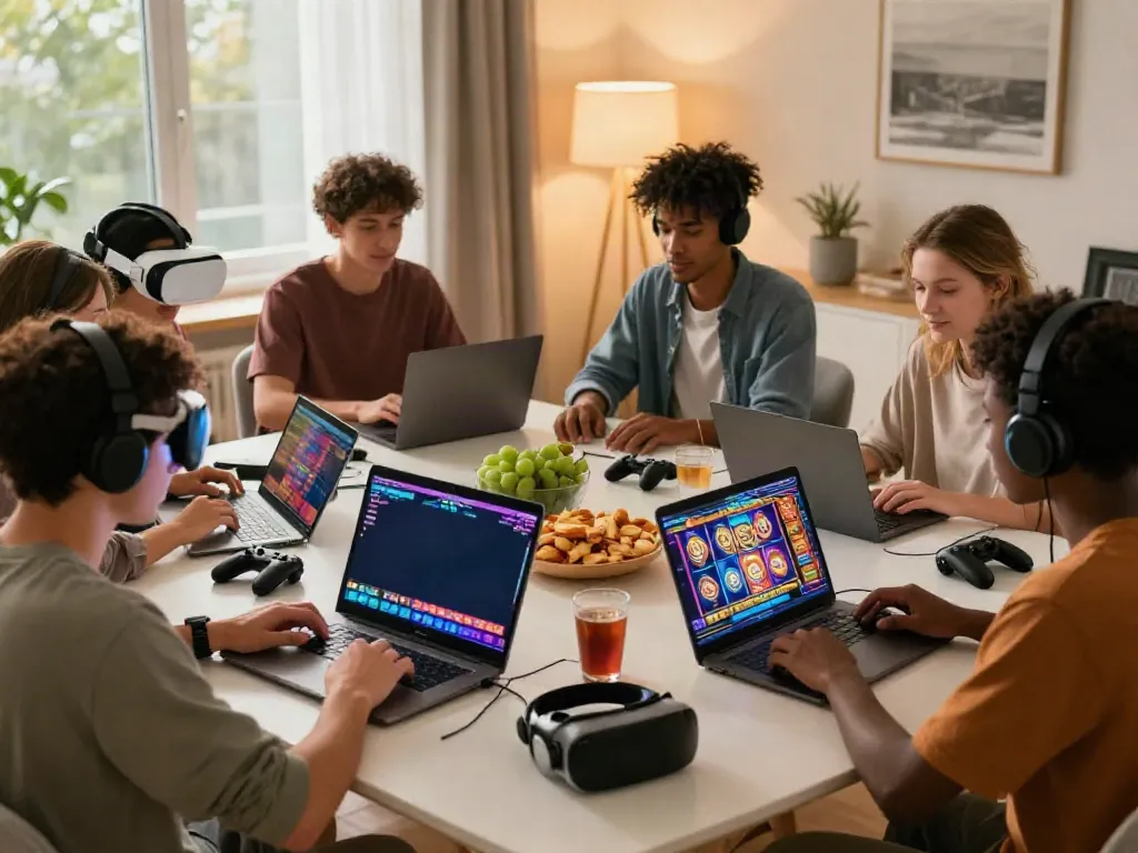 Friends playing ทดลองสล็อต together on laptops during a lively gaming night.