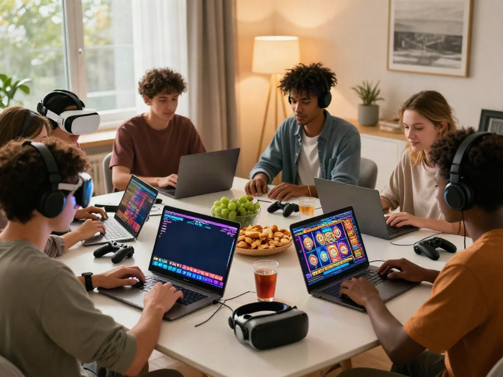 Friends playing ทดลองสล็อต together on laptops during a lively gaming night.