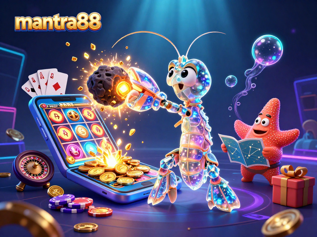 Spin to win with mantra88: Galactic samurai and starfish in a vibrant casino setting.