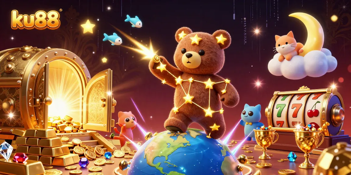 ku88 showcases winning moments with a constellation bear, treasure, and slot reels overflowing with fortune