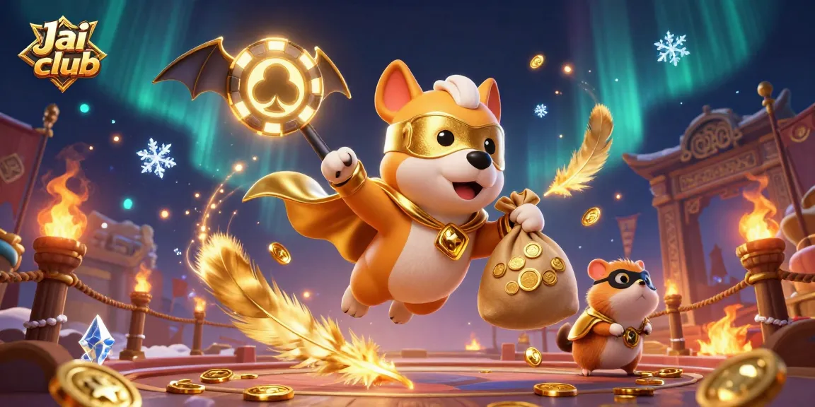 Experience exciting gameplay on Jai club with a superhero dog and hamster duo in a vibrant casino-like setting.