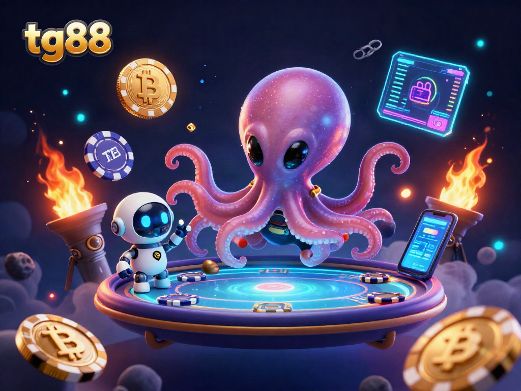 Play poker with tg88 and a lively alien octopus at a futuristic casino.