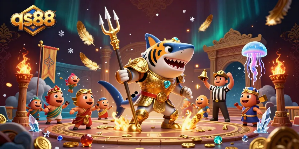 Experience the excitement of qs88 with a 3D tiger shark gladiator amidst an underwater battle scene.