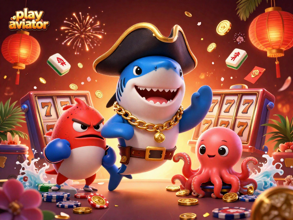 Play Aviator with excitement in this vivid casino scene featuring a pirate shark, pufferfish, and octopus.