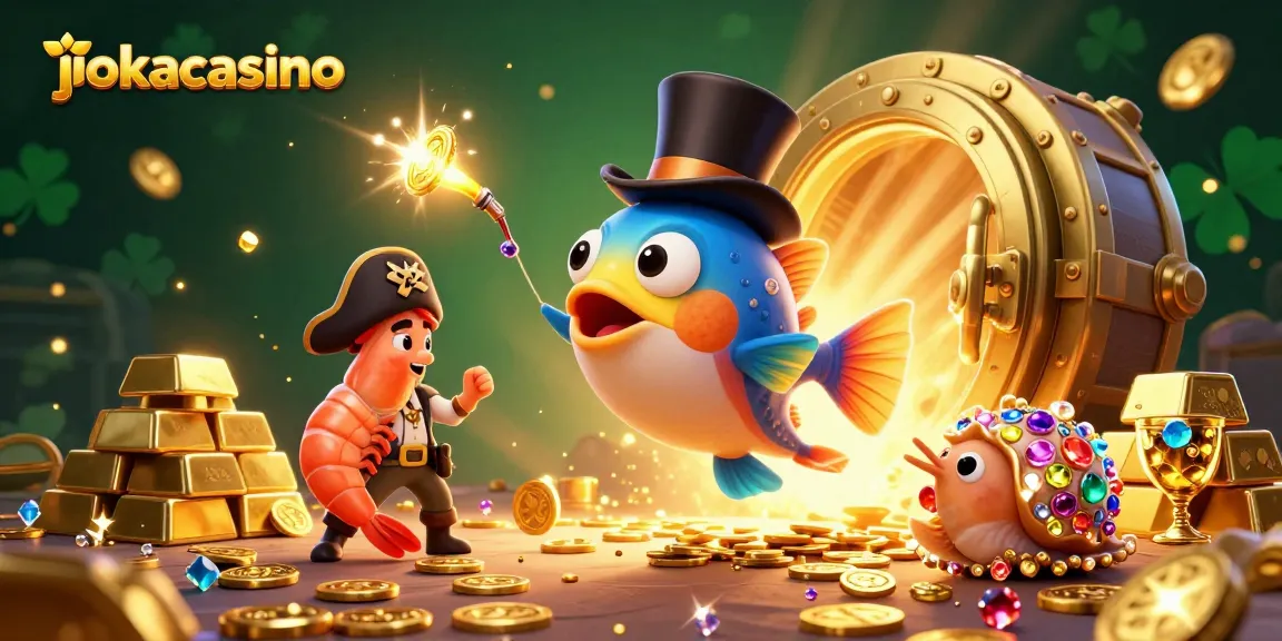 Experience the thrill of jokacasino with vivid 3D illustrations featuring an anglerfish, shrimp, and sea snail surrounded by treasures.