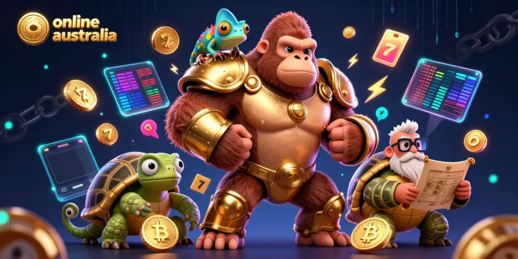Experience the excitement of online casino Australia with vibrant characters and crypto elements in this dynamic 3D illustration.