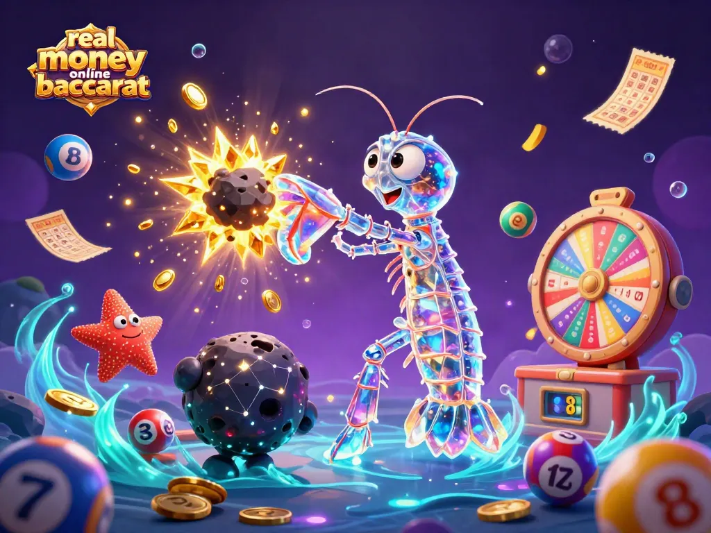 Experience real money online baccarat with a vibrant 3D scene of a mantis shrimp and starfish amid casino elements.