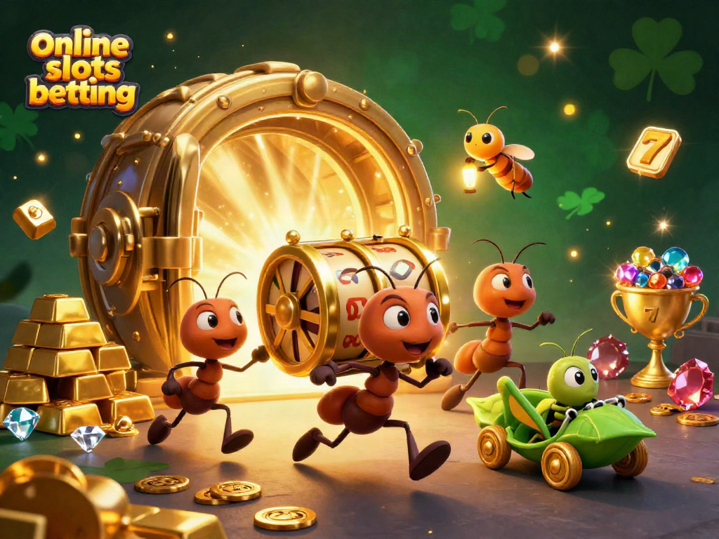 Engage in online slots betting with a thrilling illustration of cartoon ants on a heist.