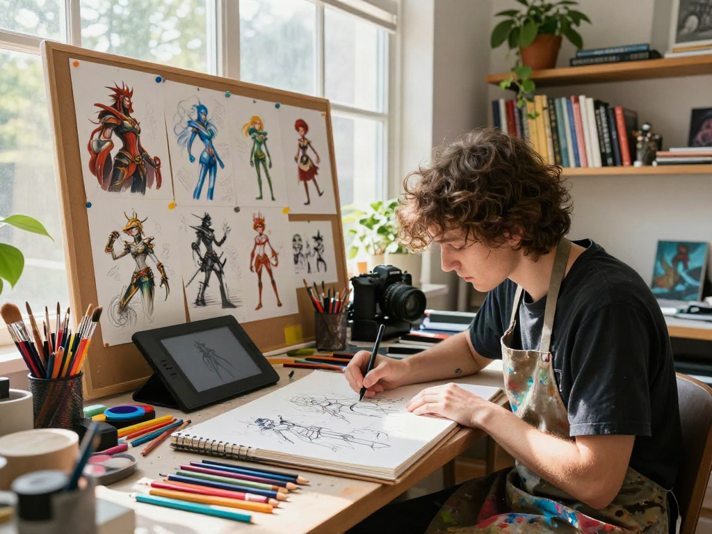 Artist using an AI character sheet generator to sketch vibrant character designs in a colorful studio.