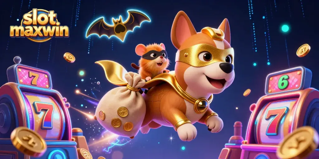 Experience the excitement of slot maxwin as our superhero dog collects gold coins amidst vibrant slot machines.
