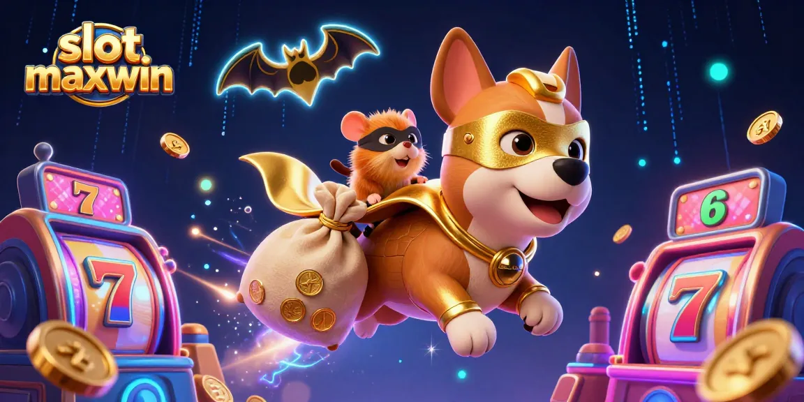 Experience the excitement of slot maxwin as our superhero dog collects gold coins amidst vibrant slot machines.