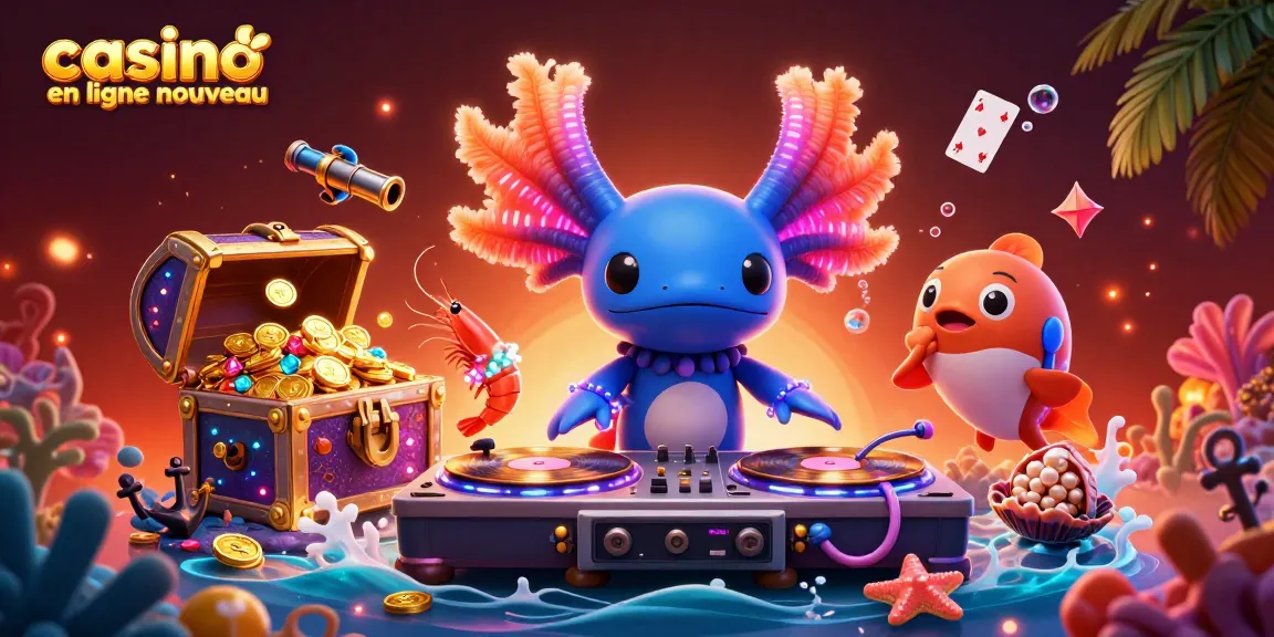 Découvrez les jeux captivants de casino en ligne nouveau avec une illustration dynamique d'un DJ axolotl et des éléments ludiques.