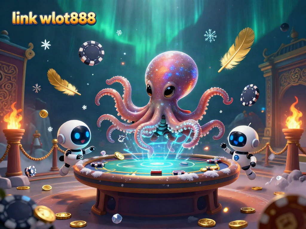 Menggunakan link wslot888, alien gurita sedang bermain poker di meja holografik di latar luar angkasa.