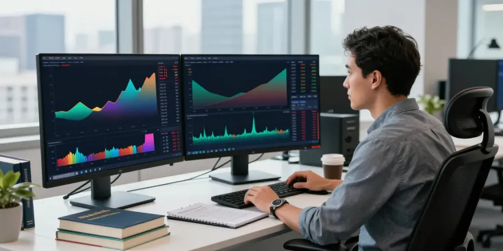 Trader analyzing market data on TradingView in a modern office environment