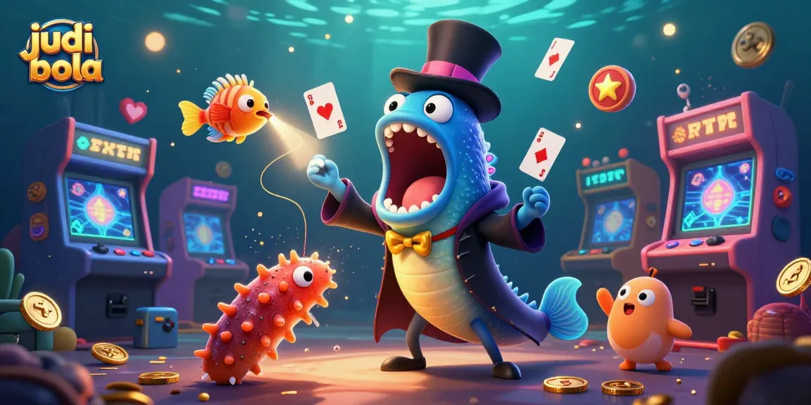 Gulper eel judi bola menampilkan trik kartu dengan latar belakang permainan arcade yang berkilau.