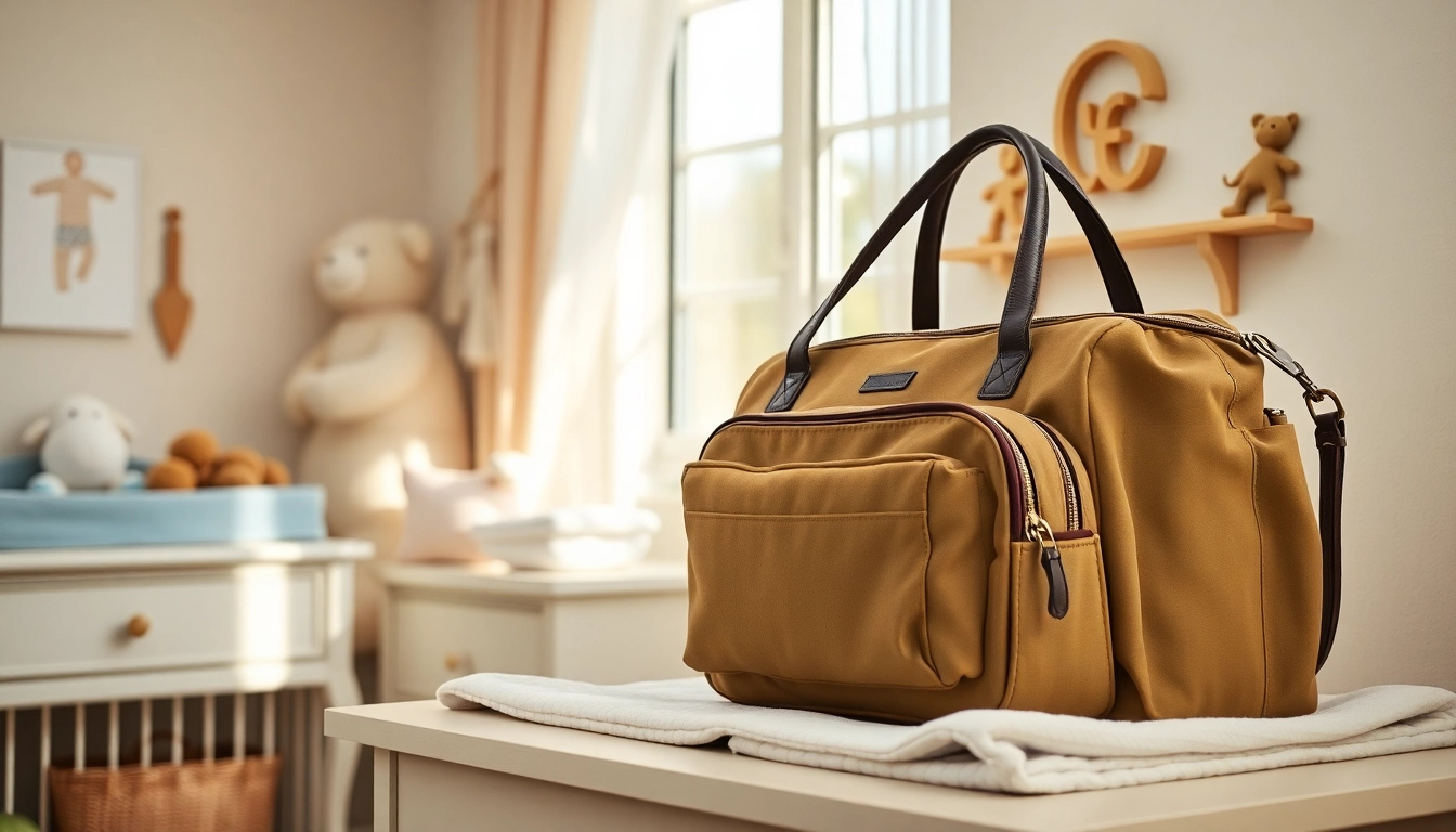 Capture of a wrangler diaper bag elegantly displayed in a nursery, highlighting its stylish design and practical features.