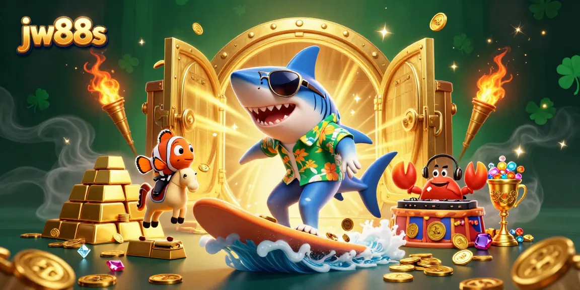 Engage with the thrilling experience of jw88s as a shark surfs on gold coins amidst a vibrant carnival of casino treasures.